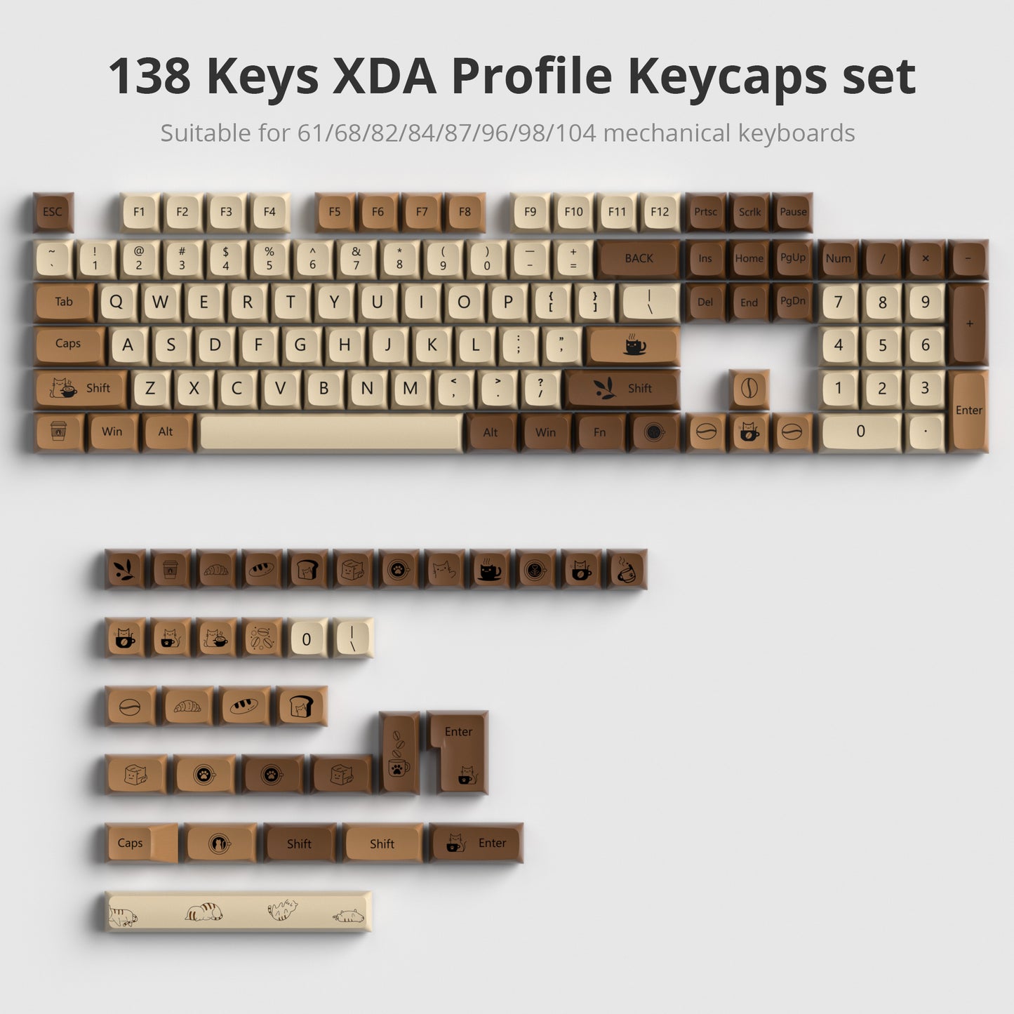 SURMEN Coffee Cat XDA Profile PBT Keycaps 75 Percent,138 Keys Dye Sub Caps for 60% 65% 75% Mechanical Gaming Keyboard(Coffee Cat)