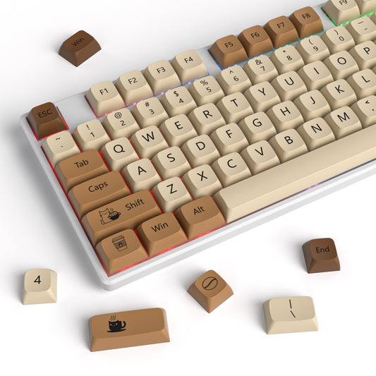 SURMEN Coffee Cat XDA Profile PBT Keycaps 75 Percent，138 Keys Dye Sub Caps for 60% 65% 75% Mechanical Gaming Keyboard（Coffee Cat）
