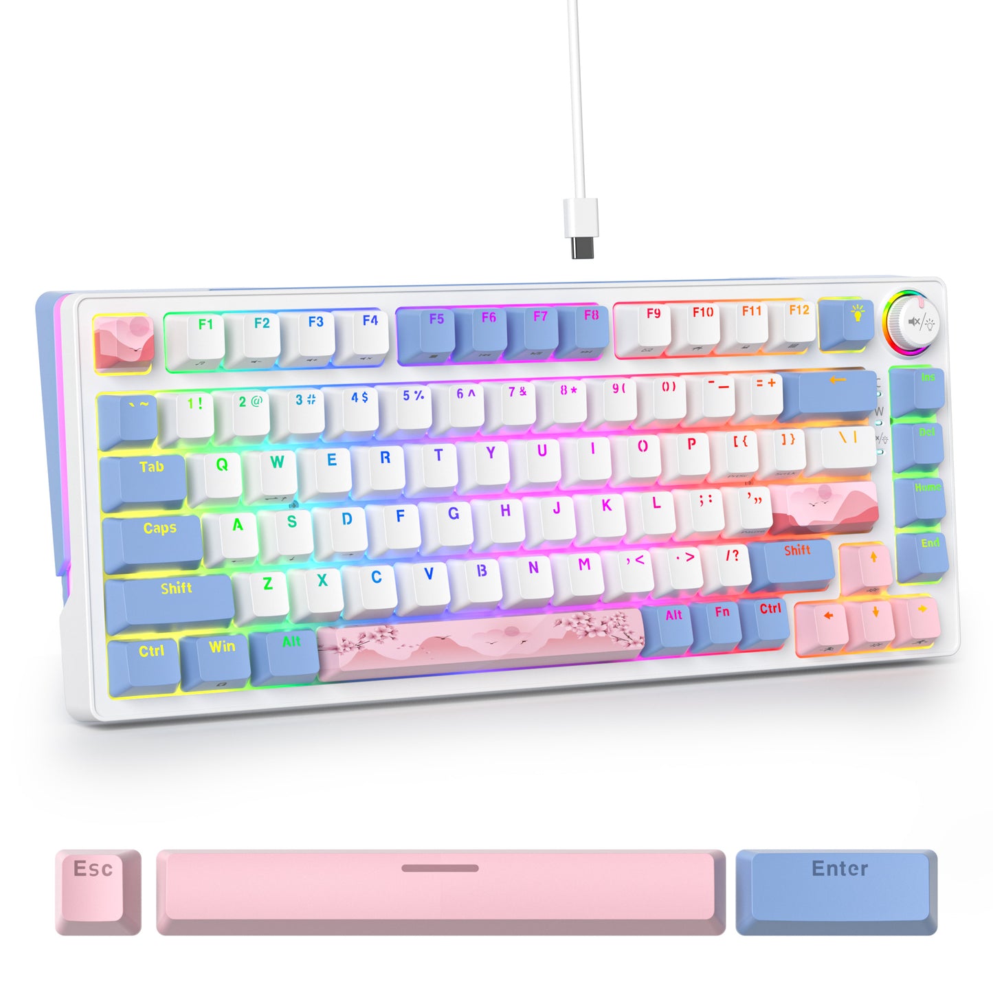 SURMEN 75% Percent Gaming Keyboard Hot-Swappable with Side Light Strip, 82 Keys Wired Mechanical Keyboard with Knob Arrow Keys RGB Backlight for Win/Mac (82 Sakura)